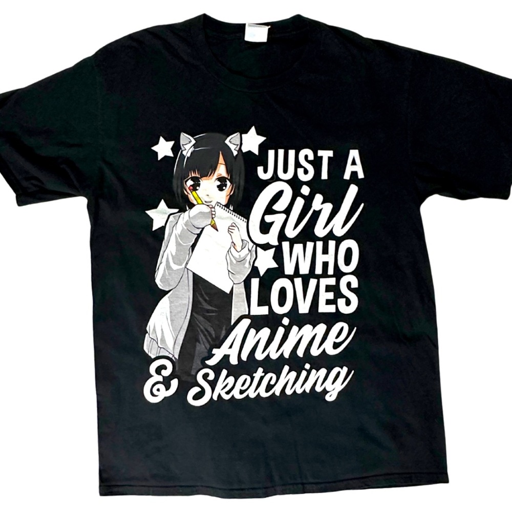 PORT AND COMPANY Graphic T Shirt Black Just a Girl Who Loves Anime Women’s SZ L